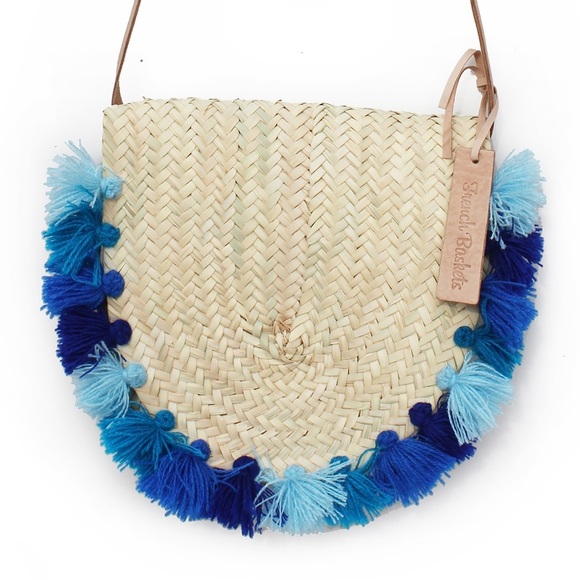 Mail Bag Straw French baskets long leather handle pom pom - Picture 3 of 5